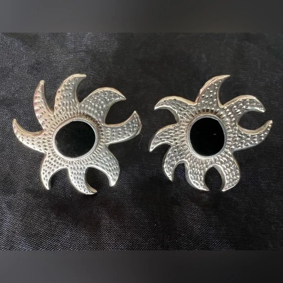 Sterling Silver 925 Sunburst Stud Earrings Black Onyx Center – 1” Vintage - Picture 3 of 5